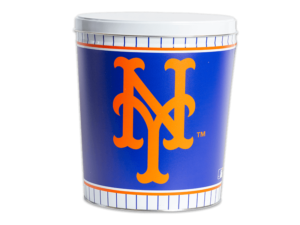 New York Mets pretzel tin, Mets logo large background, "Mets" with white lid.