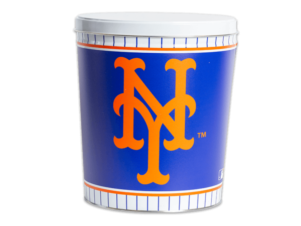 New York Mets pretzel tin, Mets logo large background, "Mets" with white lid.