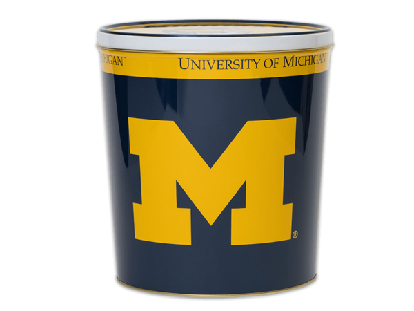 Michigan University pretzel tin, yellow Michigan M on tin on dark blue background, University of Michigan text around top of tin on yellow background