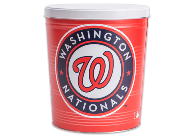 Washington Nationals pretzel tin, large logo of Washington Nationals with red background, white lid