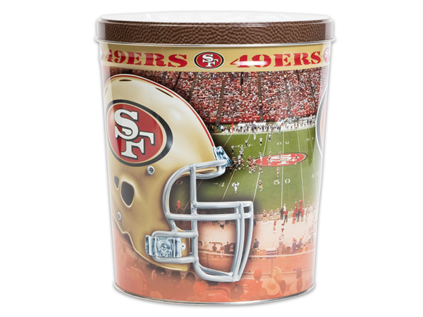 San Francisco 49ers pretzel tin, 49ers football field in background, 49ers helmet in foreground, football texture pattern on lid