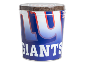 New York Giants pretzel tin, New York Giants logo faded on blue background, "Giants" text in foreground