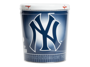 New York Yankees pretzel tin, New York Yankees logo on a blue background, "New York Yankees" text written around bottom of tin, the lid is a large baseball graphic