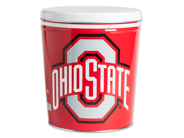 Ohio State pretzel tin, "Ohio State" text and large O logo in white on red background, white lid