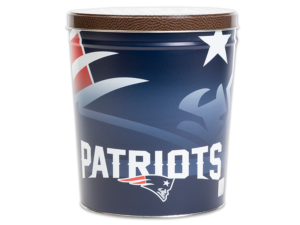 New England Patriots pretzel tin, large Patriots logo on dark blue background, "Patriots" text and another logo in the foreground of the tin, lid has a football texture pattern