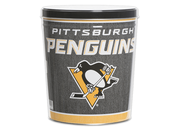 Pittsburgh Penguins pretzel tin, penguin with hockey stick on skates and "Pittsburgh Penguins" on gray background