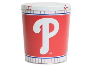 Philadelphia Phillies pretzel tin, white "P" on a red background, a large baseball graphic covers the lid