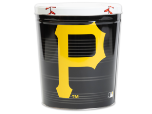 Pittsburgh Pirates pretzel tin, Pirates logo in yellow on black background, large white baseball on lid
