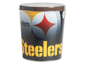 Pittsburgh Steelers pretzel tin, text "Steelers" on zoomed in team logo background on tin, NFL logo on lid