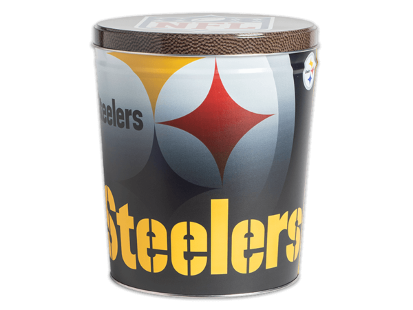 Pittsburgh Steelers pretzel tin, text "Steelers" on zoomed in team logo background on tin, NFL logo on lid