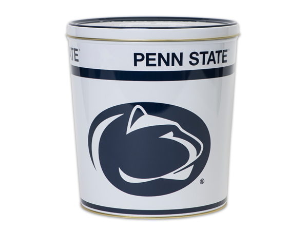 Penn State pretzel tin, blue logo on white background with Penn State text written around top of tin