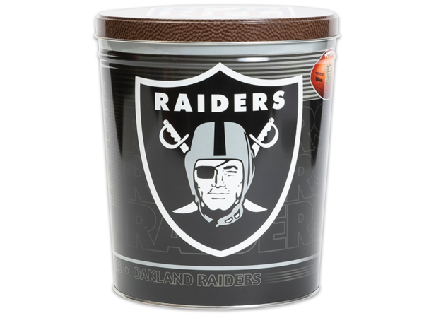 Oakland Raiders pretzel tin, logo for Oakland Raiders on black tin, print of football texture pattern on lid