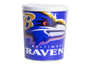 Baltimore Ravens pretzel tin, Ravens logo large background, "Ravens" text in foreground, with white lid