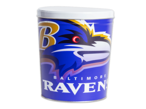 Baltimore Ravens pretzel tin, Ravens logo large background, "Ravens" text in foreground, with white lid