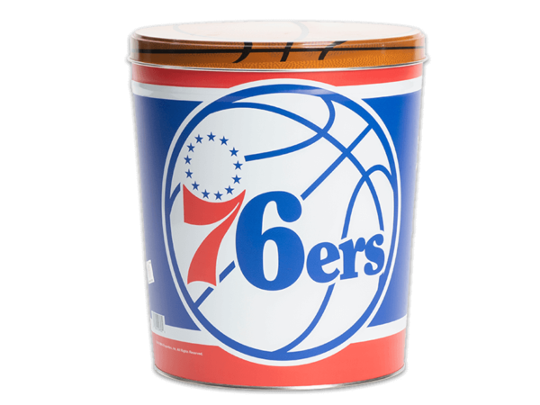 Philadelphia 76ers pretzel tin, 76ers logo on blue background, print of basketball texture pattern on lid