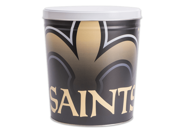 New Orleans Saints pretzel tin, Saints logo faded into black ground, "Saints" text is in foreground, white lid