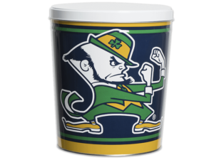 Notre Dame pretzel tin, logo of Notre Dame, white lid