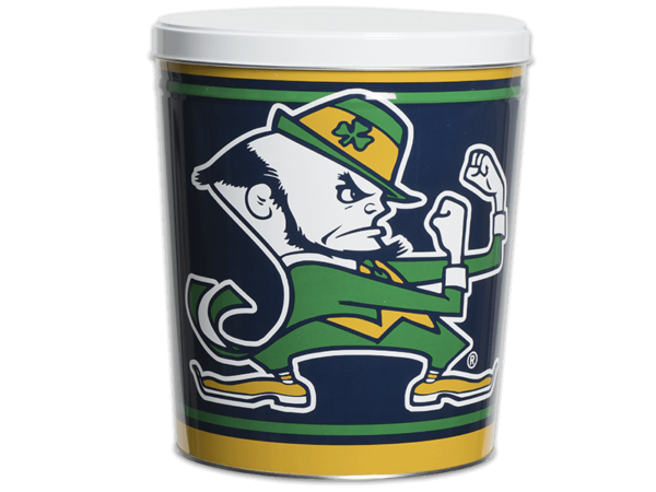 Notre Dame pretzel tin, logo of Notre Dame, white lid