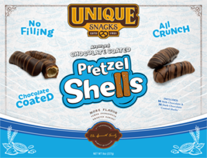 Unique Snacks Chocolate Coated Pretzel Shells box
