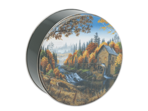 24-count autumn splendor tin, artwork of a mill and nature during the fall season on lid