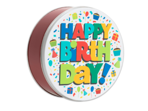 Birthday Bash 24 count light red tin with a white lid that has multicolored confetti, cupcakes, balloons, and presents covering the top and the words Happy Birthday in multicolored letters