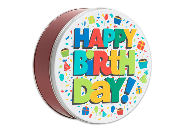 a light red tin with a white lid that has multicolored confetti, cupcakes, balloons, and presents covering the top and the words Happy Birthday in multicolored letters