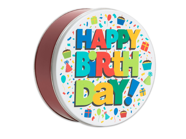 Birthday Bash 24 count light red tin with a white lid that has multicolored confetti, cupcakes, balloons, and presents covering the top and the words Happy Birthday in multicolored letters