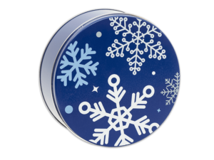 Classic Snowflake 24-count tin, large white and blue snowflakes on a blue tin