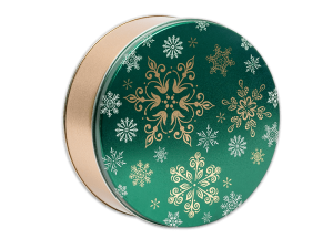 Green and Gold Emerald Snowflakes 24 ct chocolate time with gold lid.