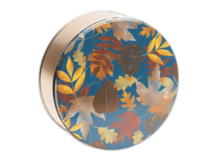 24-count falling leaves tin, blue background with autumn leaves and pinecones on lid