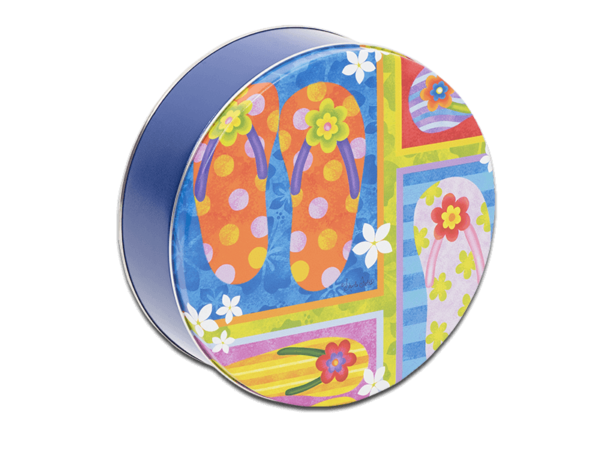 24-count flip flops tin, multicolored flip flop illustrations on lid