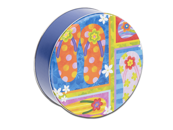 24-count flip flops tin, multicolored flip flop illustrations on lid