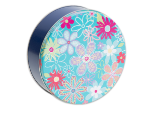 24-count flower blossoms tin, bright blue with multicolored graphic flowers on lid