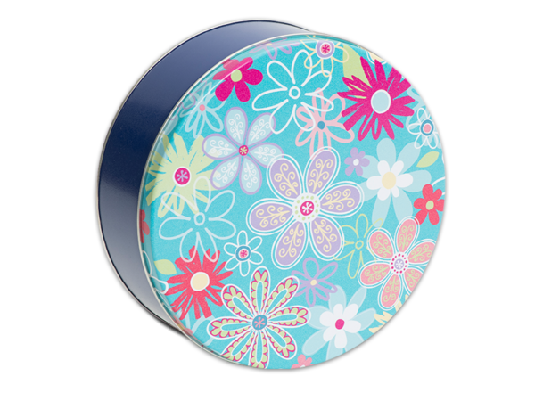 24-count flower blossoms tin, bright blue with multicolored graphic flowers on lid