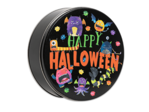 Ghoulies Galore 24 count black tin with a black lid that has multicolored monsters covering the lid the words happy written in green and the words halloween written in orange