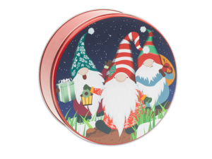 Jolly Gnomes 24-count tin, three Gnomes with holiday themed hats carrying gifts on lid