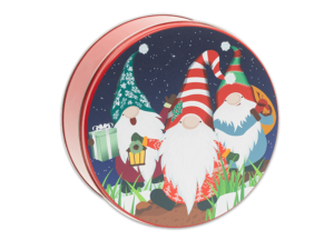 Jolly Gnomes 24-count tin, three Gnomes with holiday themed hats carrying gifts on lid