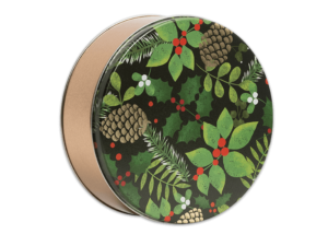 Golden Pinecone 24 count gold tin with a dark green lid with hollies and pines cones covering the top