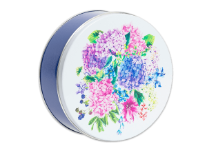 Purple Tin with Hydrangeas on a white lid.