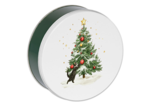 Green tin with Cat being mschief with a christmas tree on the lid.