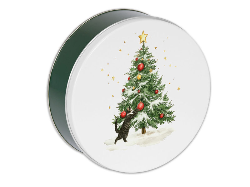 Green tin with Cat being mschief with a christmas tree on the lid.