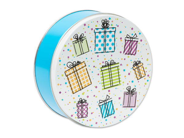 24-count nifty gifty tin, white background with 9 presents of various pastel colors on the lid