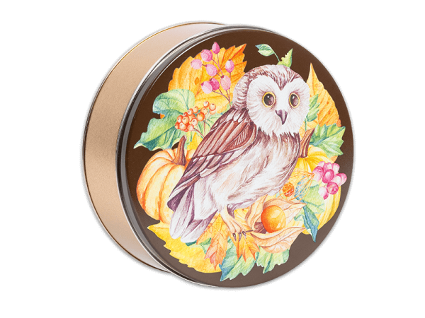 Harvest Owl Tin, brown tin, with a "Harvest Owl" on the Lid.
