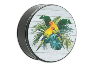 24-count parrot dise tin with light blue lid and exotic birds of different colors on lid