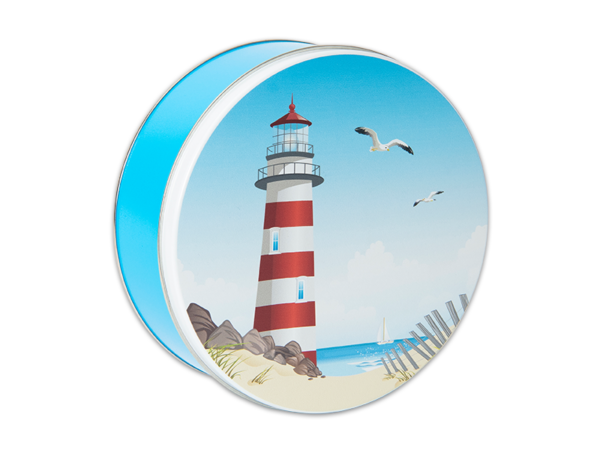 24-count seascape tin, artwork of a lighthouse, sailboat and seagulls on a seashore on lid