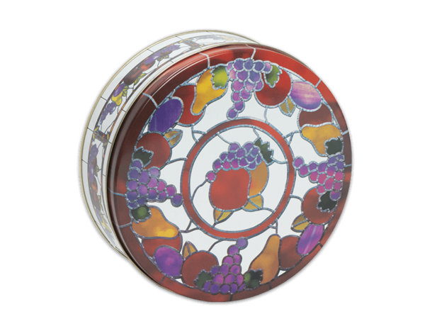 24-count tiffany stained glass tin, stained glass fruit on lid