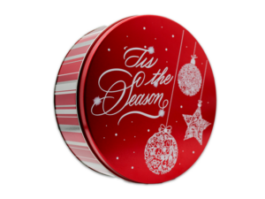 Red 24ct tis the season tin with ornaments.