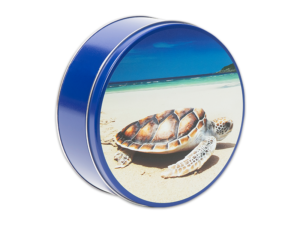 24-count sea turtle tin, a sea turtle on a beach with shoreline in distance on lid