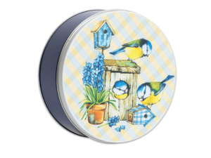 24-count something tweet tin with a checkered blue yellow and grey background with yellow and blue birds sitting in a yellow blue and brown bird house on lid
