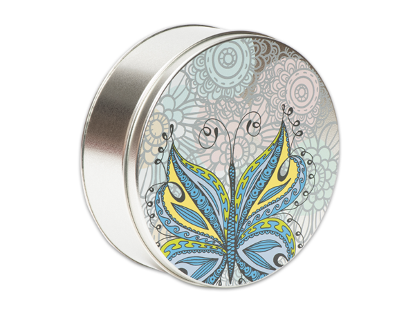 24-count wings of beauty tin, pastel color flowers with bright blue and yellow butterfly on lid